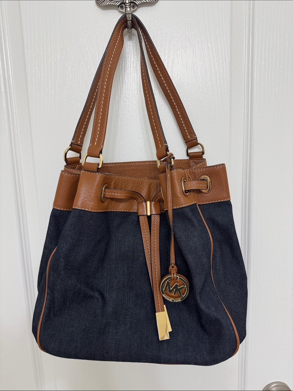 Michael Kors Navy Denim and Brown Leather Drawstring Shoulder Bag